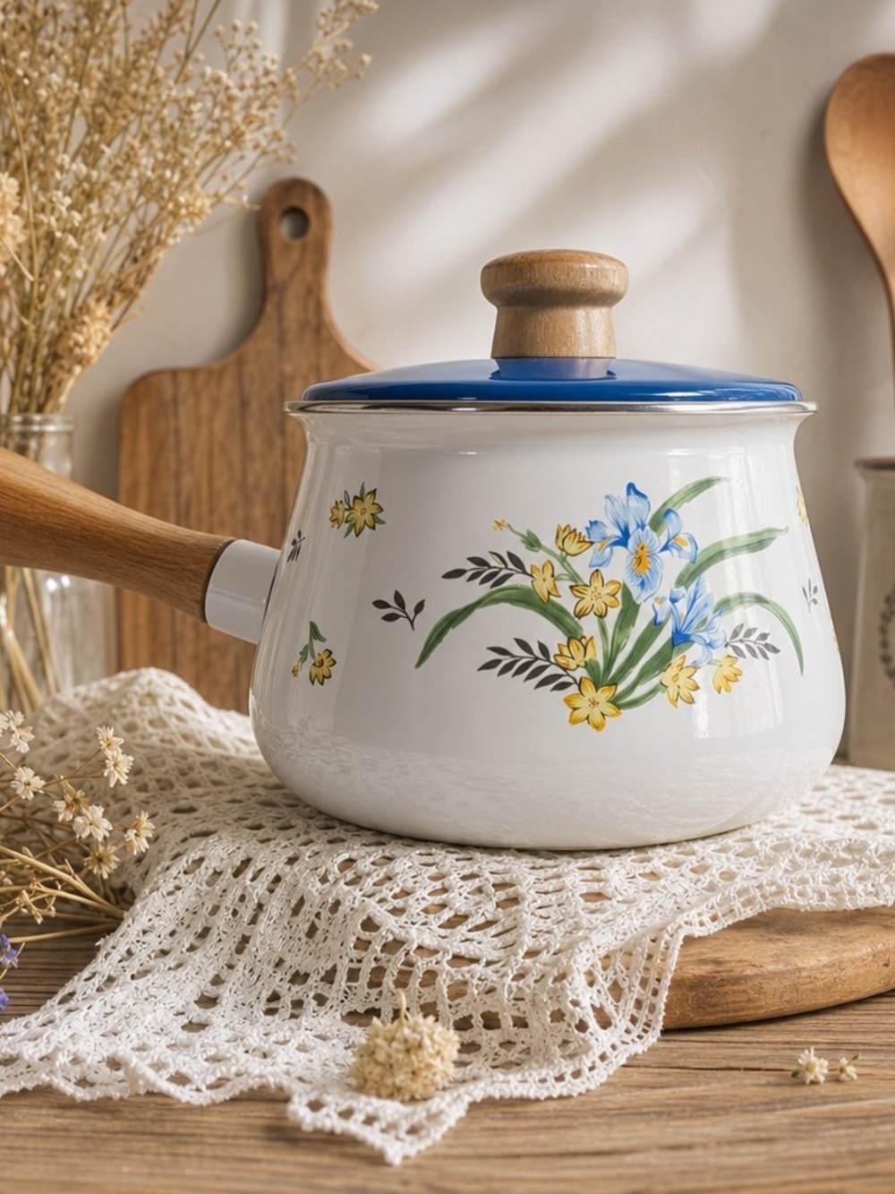 Floral Enamel Saucepan with Wooden Handle - Blue & Yellow Flowers